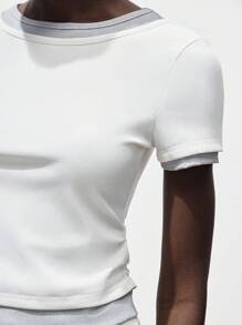 Lumivelle Business Casual Womanfall Clothes Women's Fashion Commuter Slim Fit Short Sleeve 2 In 1 Contrast Color Top All White Clothes For University - White - View 1