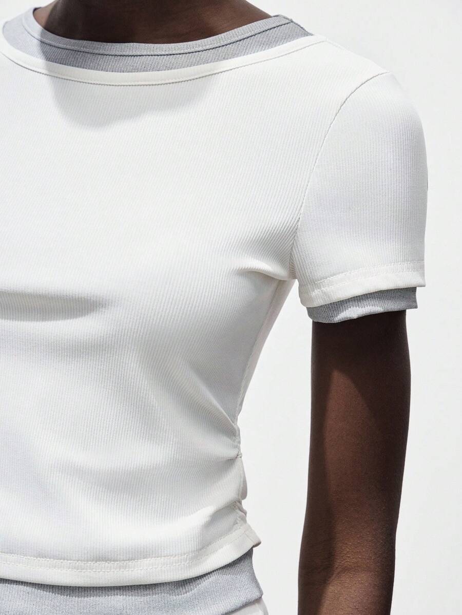 Lumivelle Business Casual Womanfall Clothes Women's Fashion Commuter Slim Fit Short Sleeve 2 In 1 Contrast Color Top All White Clothes For University - White - View 1