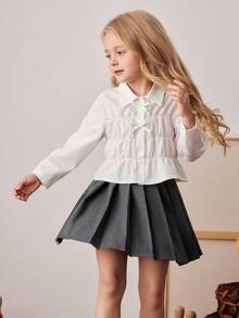 PrepCrw Blusa de manga larga con volantes, botones y decoración de lazo en estilo preppy para niñas jóvenes - Blanco - Ver 4