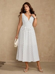 Flirla Polka Punkt Muster ärmelloses Lässig Kleid in Große Größen