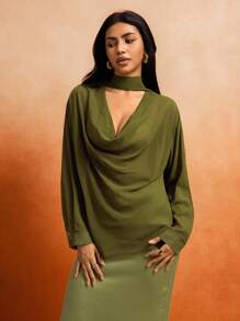 Roylia Women's Casual Loose Collar Blouse For Commuting Draped Top Olive Green Top - Green - View 4