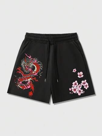 Street Life Pantalones cortos casuales de verano para hombres con estampado de dragón y cordón en la cintura