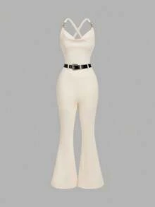 SHEIN MOD Macacão Retrô Glamoroso dos Anos 70 com Colarinho Drapeado e Detalhe em Metal com Cinto Bônus - Perfeito para Encontros, Festas e Feriados, Adequado para Estilo Ocidental, Uso no Escritório, Transporte, Visual Preppy e Charme de Dinheiro Antigo - Damasco - Visão 1