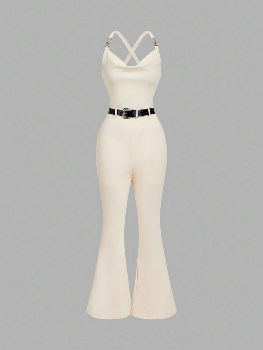 SHEIN MOD Macacão Retrô Glamoroso dos Anos 70 com Colarinho Drapeado e Detalhe em Metal com Cinto Bônus - Perfeito para Encontros, Festas e Feriados, Adequado para Estilo Ocidental, Uso no Escritório, Transporte, Visual Preppy e Charme de Dinheiro Antigo - Damasco - Visão 1
