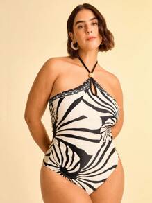 CAJUNI Đồ bơi liền thân in họa tiết Boho Vintage màu be & đen cỡ lớn cho nữ, cổ yếm, eo khoét sâu đính hạt - Nhiều màu - Xem 4