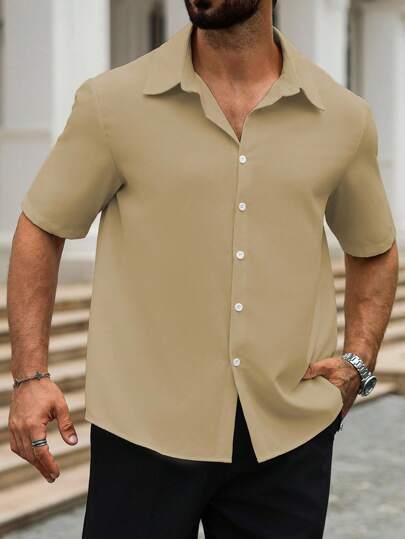 Manfinity Homme 夏季大码男士休闲纯色短袖衬衫