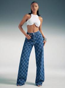Denimoi Checkered Print Straight Leg Relaxed Fit Denim Jeans - Dark Wash - View 3