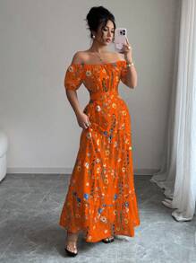 Elenzga Standard Size Women's Backless Tie Design Off Shoulder Elegant Long Dress - Orange - View 5