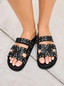 HighSole Mules de Mulher Moda Preta Simples com Tachas de Metal, Sola Grossa de Duas Camadas, Confortável, Adequado para Ir ao Trabalho, Encontros, Festas e Outras Ocasiões