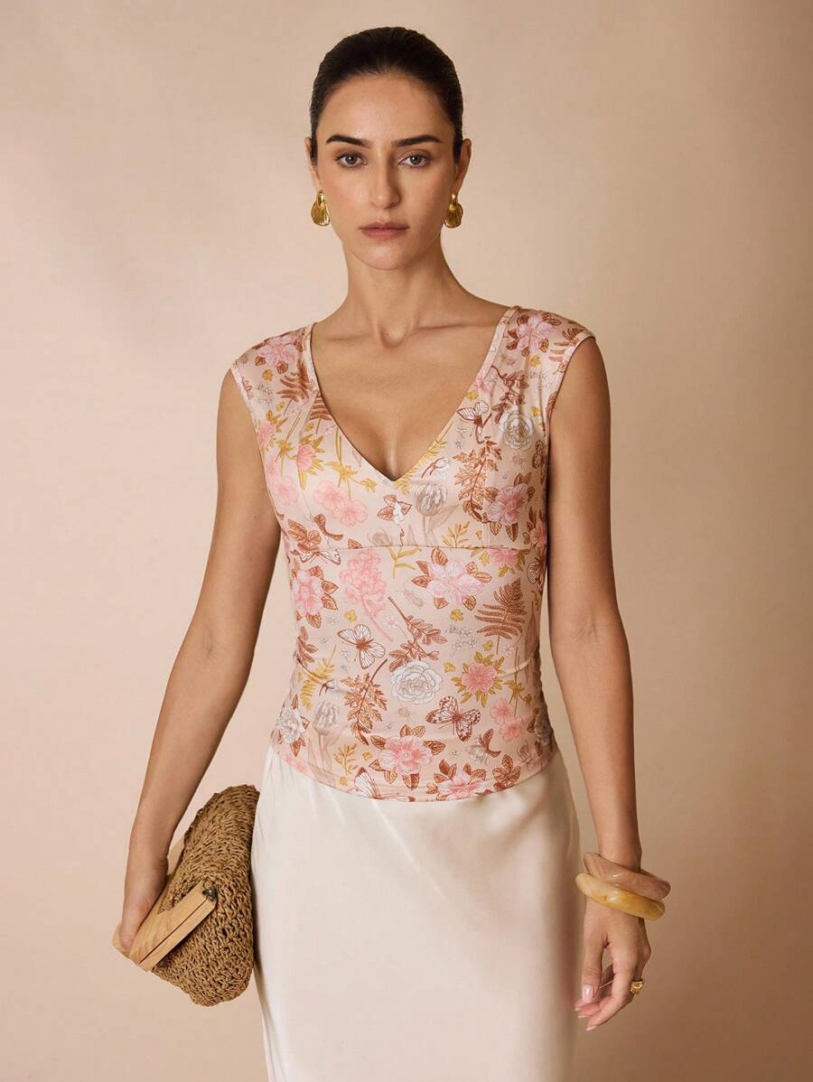 Shutterstock Glamance Damen Elegante Bluse mit Blume Muster V-Ausschnitt, Blumen Top, Blumen Druckoberteil für Date Night Outfits, Damen Lässig - Khaki - Übersicht 1