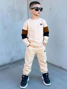 Tween Boy Sports Casual Contrast Color Round Neck Hoodie & Sweatpants 2pcs Set, Suitable For School, Home, Daily Wear, Sports, Versatile & Minimalist, Boys Sweatsuits Set, Boys 2 Piece Set, Teen Boys Sweatsuit, Boys Casual Set, Boys 2pc Set Fall Winter - Khaki - View 10