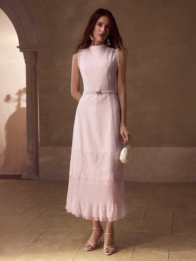 SOLID LACE PANEL PLISSE LAYERED HEM SLEEVELESS LONG DRESS