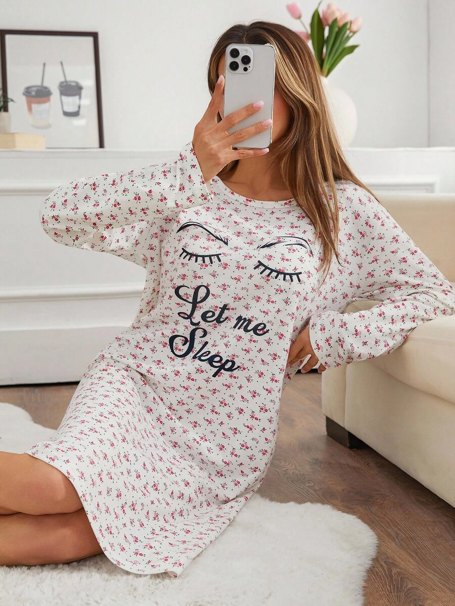 Women Cotton Floral Pattern With Eye Lettered Printed Long Sleeve Homewear Sleep Pajama Dress Women Pajama Dress Long Sleeve Nightgown Cute Sleepwear Women Cute Sleep Set Sleepwear Dress