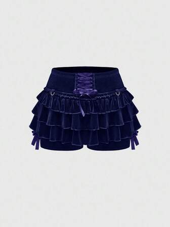 Goth Pantaloncini da donna in velluto retrò scuro con volant, fiocco frontale e anti-svenimento