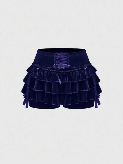 Goth Pantaloncini da donna in velluto retrò scuro con volant, fiocco frontale e anti-svenimento