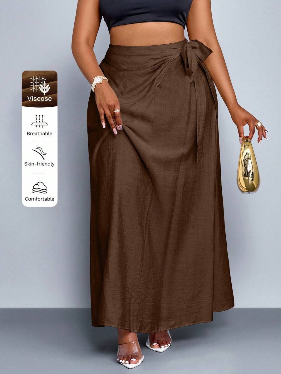 SOLERSUN 大码女装春秋时尚纯色蕾丝 A 字日常宽松休闲长裙，多种扭纹设计裙子，日常百搭女裙，秋季，冬季 - 棕色 - 查看 1