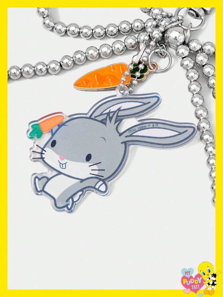 LOONEY TUNES X SHEIN 带蝴蝶结、胡萝卜和兔子吊坠的亚克力钥匙扣 - 銀色 - 查看 2