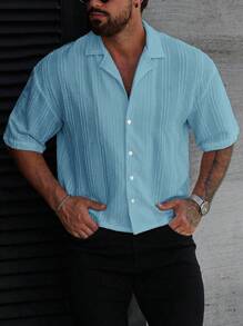 Manfinity Homme Camisa casual de verano para hombre de unicolor, de manga corta y de solapa única para uso diario - Celeste - Ver 1