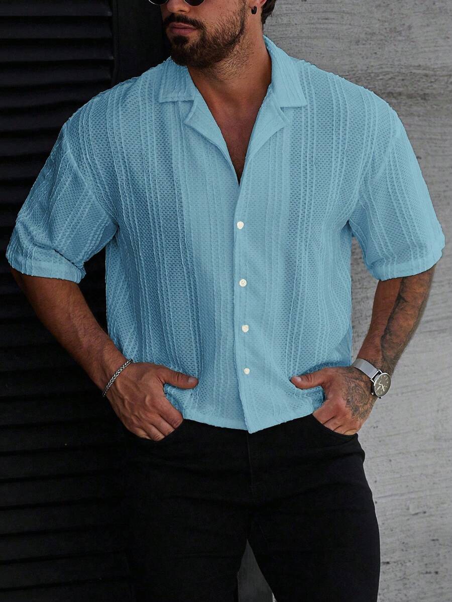 Manfinity Homme Camisa casual de verano para hombre de unicolor, de manga corta y de solapa única para uso diario - Celeste - Ver 1