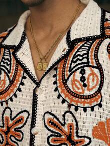 AXEPEAK 宽松腰果花图案男士短袖针织上衣 - 彩色 - 查看 4