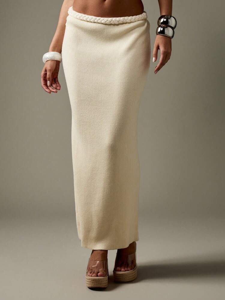 MISSGUIDED Ribbed Knit Maxi Skirt Braided Waistband Detail Floor Length Elegant Vacation Resort Wear Fall Winter Beachwear Lounge Casual Wear Cover Up