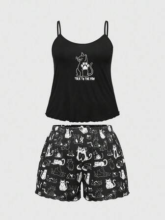 Plus Size Gothic Cat Print Camisole & Shorts Pajama Set, Casual Loungewear