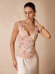 Shutterstock Glamance Damen Elegante Bluse mit Blume Muster V-Ausschnitt, Blumen Top, Blumen Druckoberteil für Date Night Outfits, Damen Lässig - Khaki - Übersicht 7