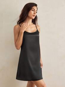 Charlaine 女士黑色缎面细肩带吊带裙 - 黑色 - 查看 6