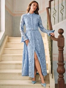 Anewsta 女式蓝色立领喇叭袖束带碎花连衣裙，秋冬款 - 藍色 - 查看 6