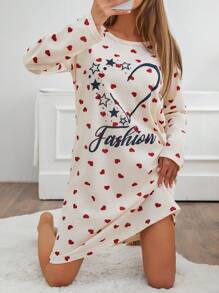 EURMUSE PLUS Women Cotton Round Neck With Heart Printed Lettered Long Sleeve Sleep Pajama Dress Long Sleeve Pajamas Dress Long Sleeve Nightgown Lounge Dress For Women Loungewear Dress