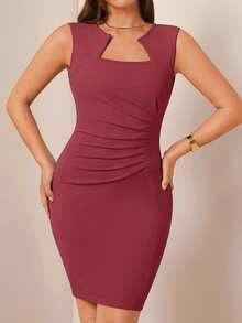Amorya Women's Elegant Solid Color Ruffle Sleeveless Fitted Dress - Coral Pink - View 6