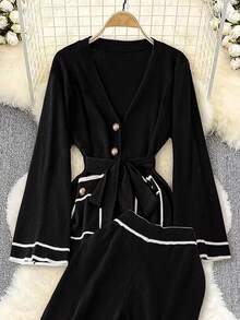 DreamSkyne Cardigan de malha listrado com manga flare e calça de malha plus size feminino, terno casual - Preto - Ver 3