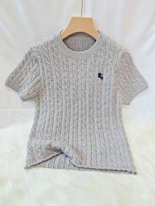 INAWLY Slim Fit Vintage Embroidered Cable Knit Short Sleeve Cropped T-Shirt - Grey - View 3