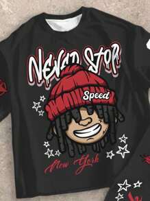 SHEIN 2 件/套青少年男孩休闲经典卡通人物、城市名称纽约、火焰、星星图案印花圆领 T 恤和喇叭裤套装，适合青少年男孩，适合春夏季男孩运动裤图案和衬衫游戏玩家男孩慢跑套装男孩图案慢跑套装男孩火焰印花慢跑套装男孩纽约慢跑套装男孩火焰慢跑套装，街头服饰 - 彩色 - 查看 2