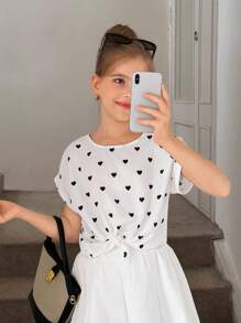 SHEIN Tween Girls' Woven Heart Pattern Round Neck Batwing Sleeve Casual Shirt - Multicolor - View 4