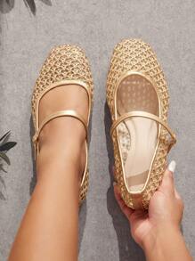 SHUZIA Women's Casual Elegant Square Toe  Comfortable Woven PU Ballet Flats For Christmas Valentine's Day - Camel - View 2