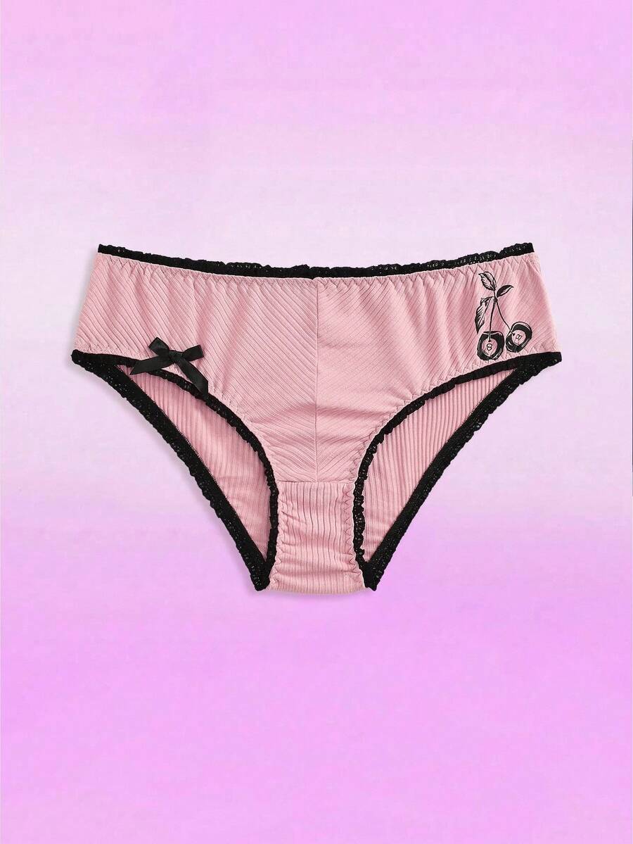 Quần lót dễ thương có viền ren, họa tiết quả anh đào phối màu tương phản dành cho thiếu nữ, màu hồng. - Hồng - Xem 1