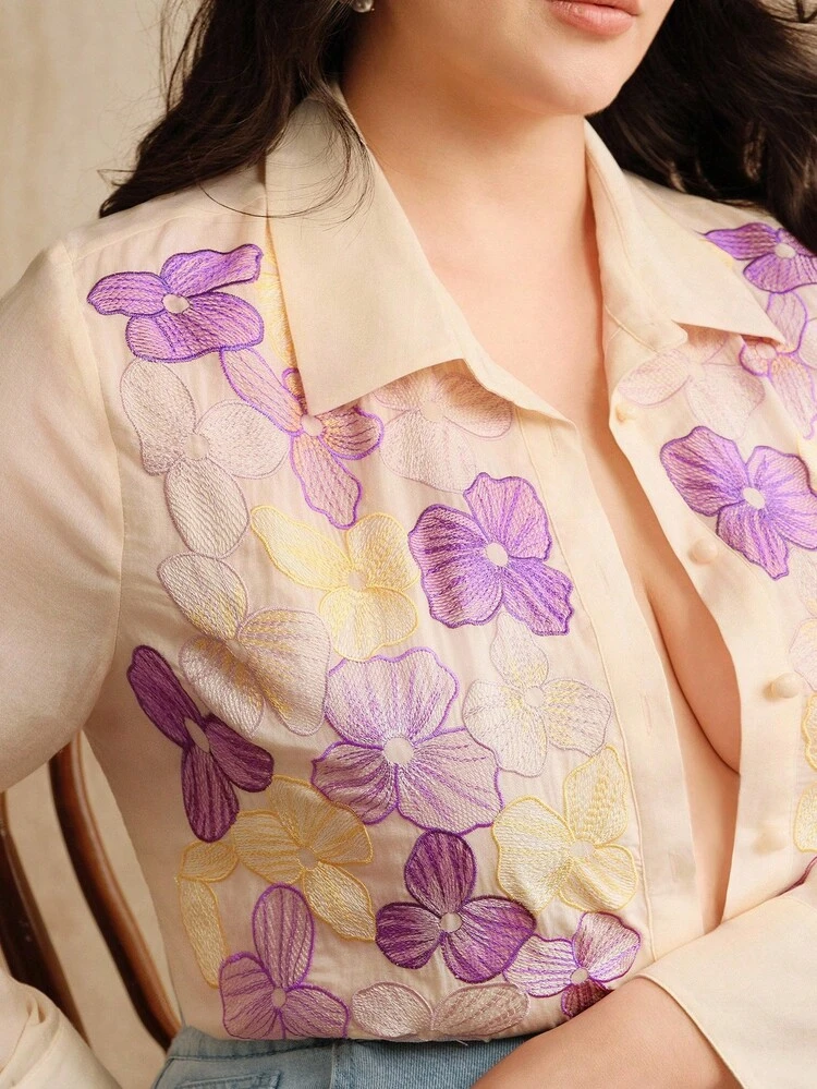 Nouvelle blouse élégante et brodée violet foncé grande taille pour femmes, chemise streetwear à manches longues