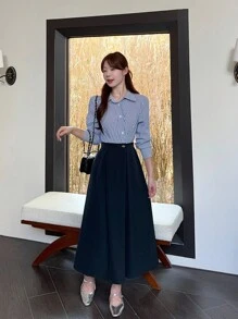 DAZY Đầm dài tay kiểu Hàn Quốc kẻ sọc phối vải dành cho nữ. - Màu xanh lam - Xem 1