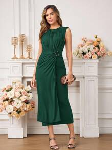 Ellevyn Summer Elegant Women's Solid Color Pleated Metal Decoration Sleeveless Hanging Knitted Long Skirt - Dark Green - View 2