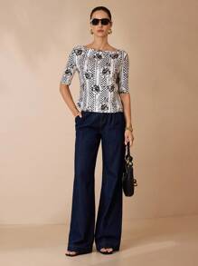 Shutterstock Glamance Women's Off Shoulder Fitted Mid-Sleeve Printed T-Shirt Women S Blouses For Summer Women S Work Tops Floral Print Top Half Sleeve Top Boat Neck Top Business Casual Outfits Elegant