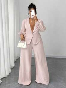 Maweii Plus Size Elegant Commuter Solid Color Lantern Sleeve Jacket And Pants 2 Pieces Set