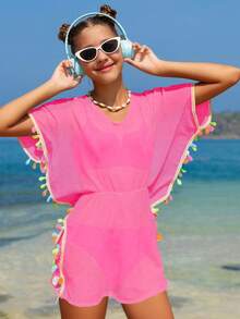 SHEIN 1pc Teen Girl Fashion Fringed Trim Romper - Watermelon Pink - View 1