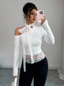 INAWLY Blusa asimétrica de manga larga con escote halter, parches de encaje francés sexy y cordones, para otoño/invierno - Blanco - Ver 1