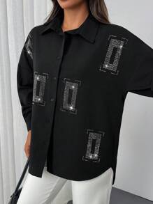 EURMUSE Black Long-Sleeve Button-Up Shirt With Classic Collar, Embellished With Geometric Rhinestone Patterns, Loose Fit, Stylish And Elegant Design - Black - View 4