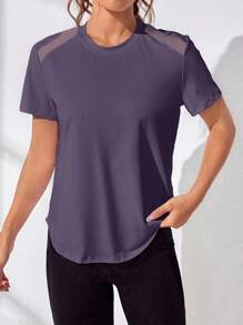 Easithlete 女士镂空后背圆领短袖休闲健身运动T恤健身房衬衫 - 紫色 - 查看 2
