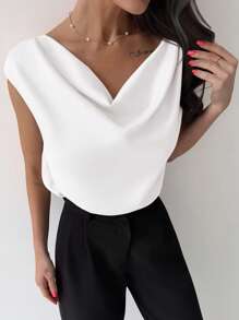 Firerie 夏季新款优雅不对称荷叶边领无袖缎面女式紧身衣，杏色，简约设计，适合约会、通勤、办公室穿着，别致 - 白色 - 查看 7