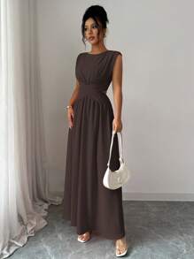 Elenzga Đầm maxi dài không tay dáng chữ A, cổ tròn, eo thon, xẻ tà, màu trơn, thanh lịch, tối giản, cao cấp dành cho nữ, thích hợp mặc đi làm, đi biển, đi nghỉ, lễ hội âm nhạc, xuân/hè - Cà phê nâu - Xem 2