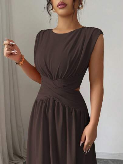 Elenzga Women's Elegant Minimalist High-End Solid Color Round Neck Vintage Waist Hollow Cropped Crisscross Pleated A-Line Sleeveless Maxi Dress, Suitable For Office, Commute, Beach, Vacation, Music Festival, Spring/Summer