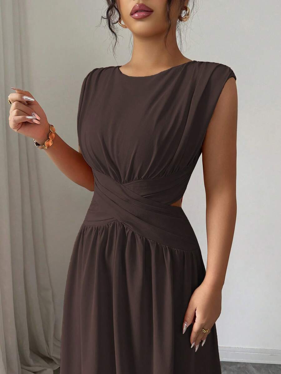 Elenzga Đầm maxi dài không tay dáng chữ A, cổ tròn, eo thon, xẻ tà, màu trơn, thanh lịch, tối giản, cao cấp dành cho nữ, thích hợp mặc đi làm, đi biển, đi nghỉ, lễ hội âm nhạc, xuân/hè - Cà phê nâu - Xem 1